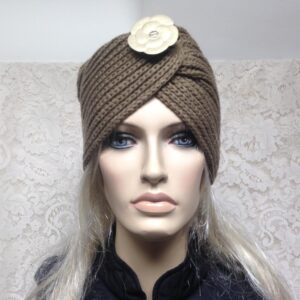 Fabulous Khaki Knitted Cloche' Turban -Flapper Style Hat with Camelia Ornament