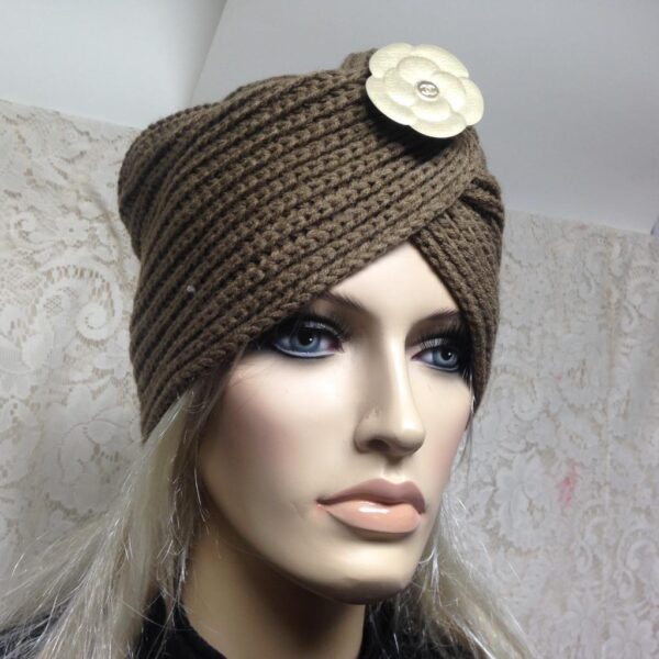 Fabulous Khaki Knitted Cloche' Turban -Flapper Style Hat with Camelia Ornament