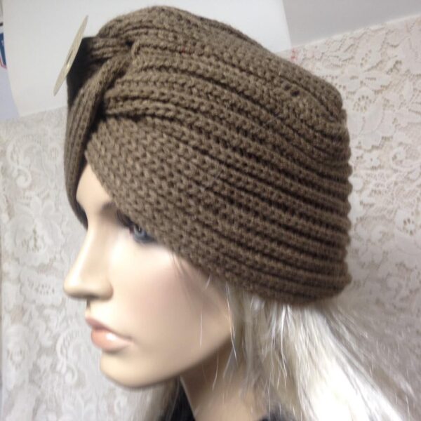 Fabulous Khaki Knitted Cloche' Turban -Flapper Style Hat with Camelia Ornament