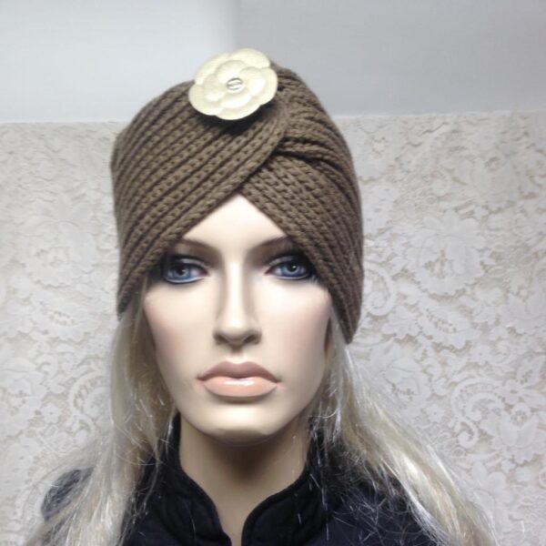 Fabulous Khaki Knitted Cloche' Turban -Flapper Style Hat with Camelia Ornament