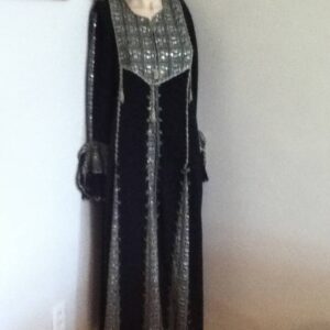 1960-70s Elegant, Handmade, Black Long Kaftan with Colorful Needlework Trim