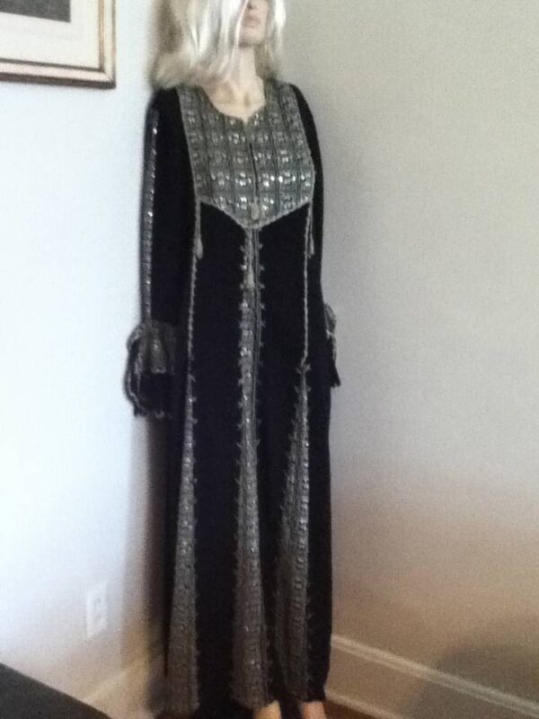 1960-70s Elegant, Handmade, Black Long Kaftan with Colorful Needlework Trim