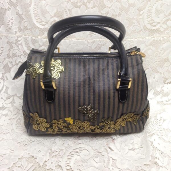 Authentic Fendi, Black Pekin Stripe Hand Bag 11in x 8.5in x 4in