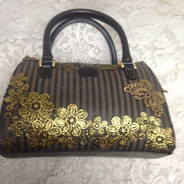 Authentic Fendi, Black Pekin Stripe Hand Bag 11in x 8.5in x 4in