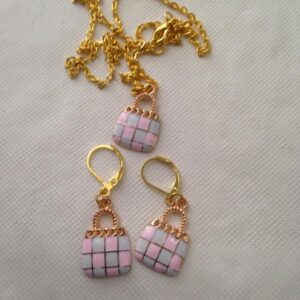 Pink Plaid Enamel Purse Necklace and Earrings Set