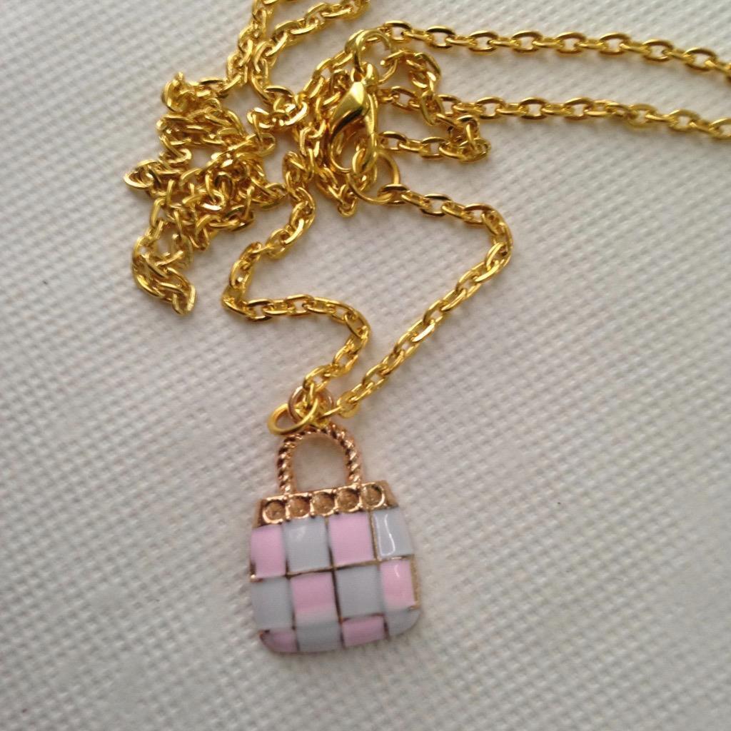 Pink Plaid Enamel Purse Necklace and Earrings Set