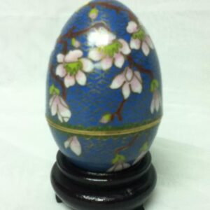 Vintage, Beautiful, Cloisonne, Egg Shape, Floral Trinket Box with Wooden Stand