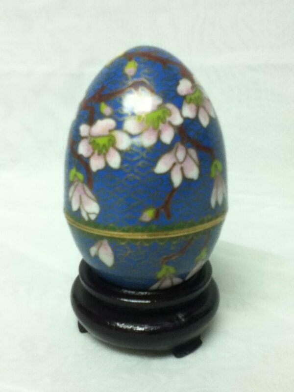 Vintage, Beautiful, Cloisonne, Egg Shape, Floral Trinket Box with Wooden Stand