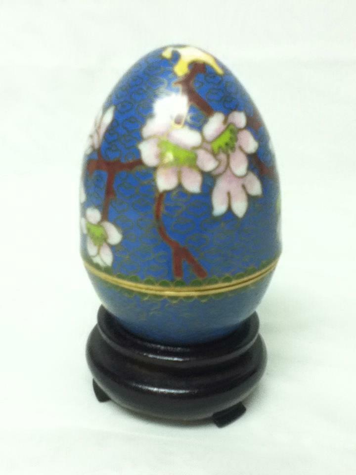 Vintage, Beautiful, Cloisonne, Egg Shape, Floral Trinket Box with Wooden Stand