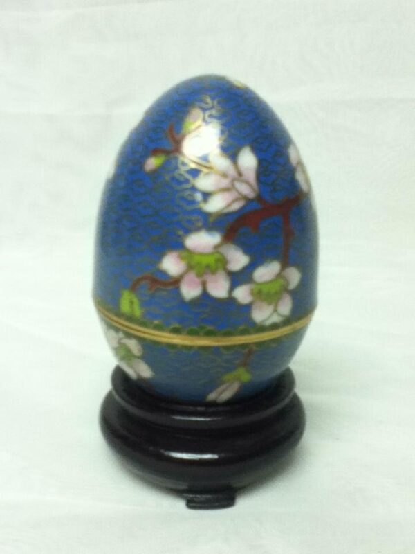 Vintage, Beautiful, Cloisonne, Egg Shape, Floral Trinket Box with Wooden Stand