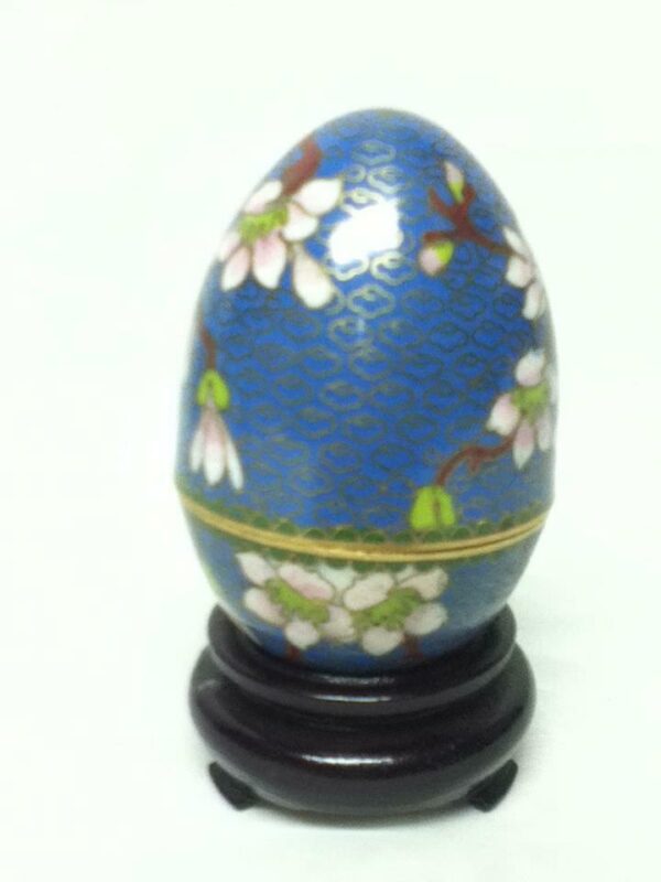 Vintage, Beautiful, Cloisonne, Egg Shape, Floral Trinket Box with Wooden Stand