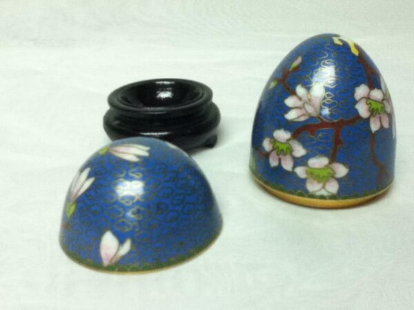 Vintage, Beautiful, Cloisonne, Egg Shape, Floral Trinket Box with Wooden Stand