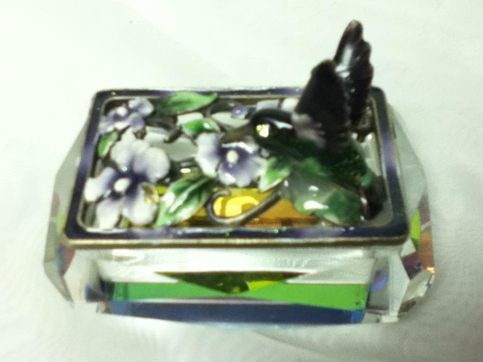 Vintage, Rectangular, Humming Bird, Iridescent Glass Crystal Trinket Box