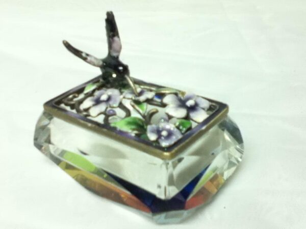 Vintage, Rectangular, Humming Bird, Iridescent Glass Crystal Trinket Box