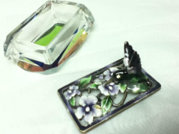 Vintage, Rectangular, Humming Bird, Iridescent Glass Crystal Trinket Box