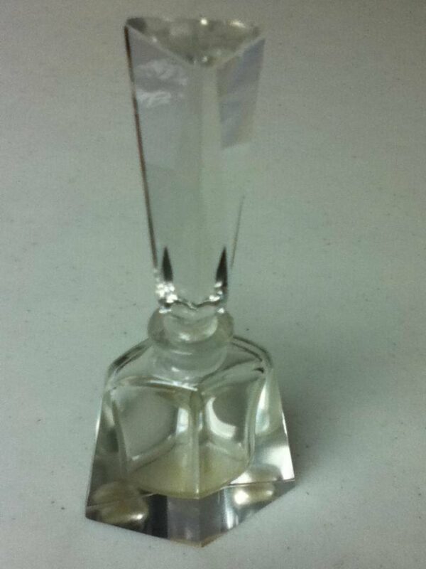 Art Deco Triangular Shaped, Clear Glass Perfume or Scent Bottle with Lid