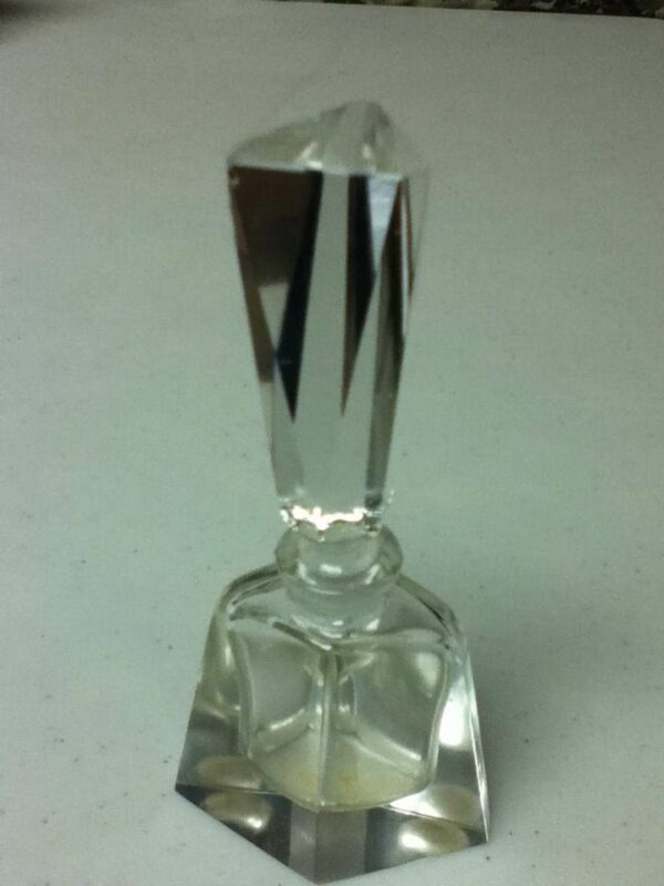 Art Deco Triangular Shaped, Clear Glass Perfume or Scent Bottle with Lid