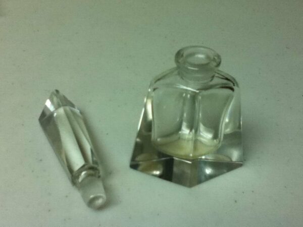 Art Deco Triangular Shaped, Clear Glass Perfume or Scent Bottle with Lid