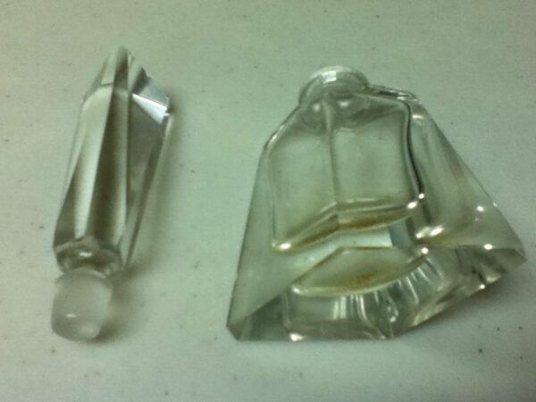 Art Deco Triangular Shaped, Clear Glass Perfume or Scent Bottle with Lid