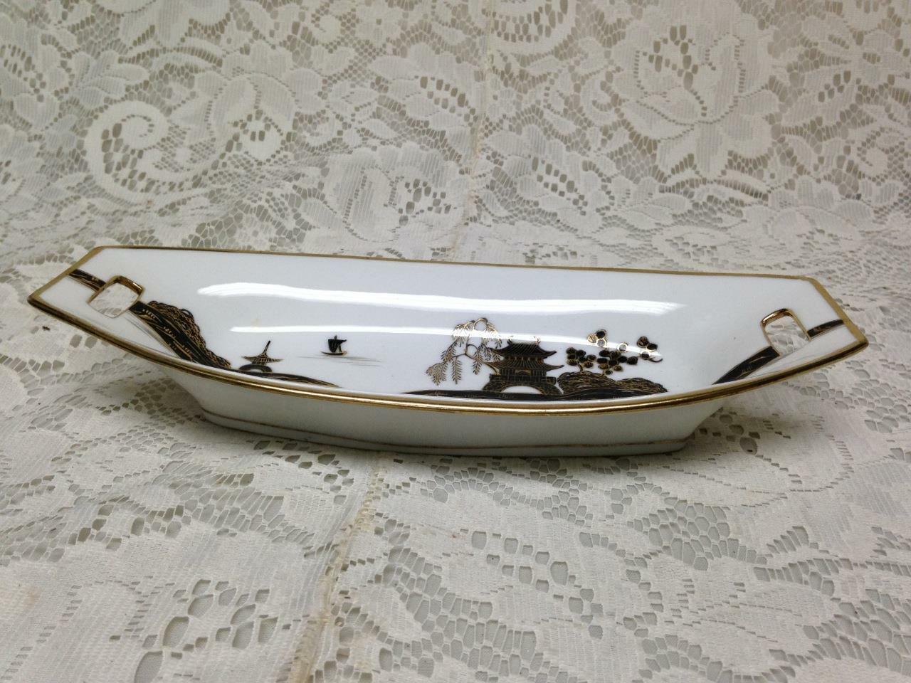 Antique, Nippon, Variant, Gaudy Blue Willow, Sushi or Celery Dish 9.5in x 4.25in