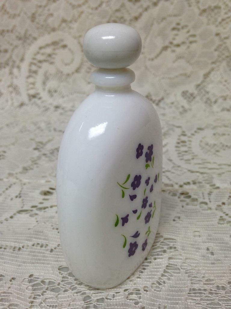 Vintage, Milk Glass, 4in H x 2 1/3in W Perfume Bottle with Painted Violets