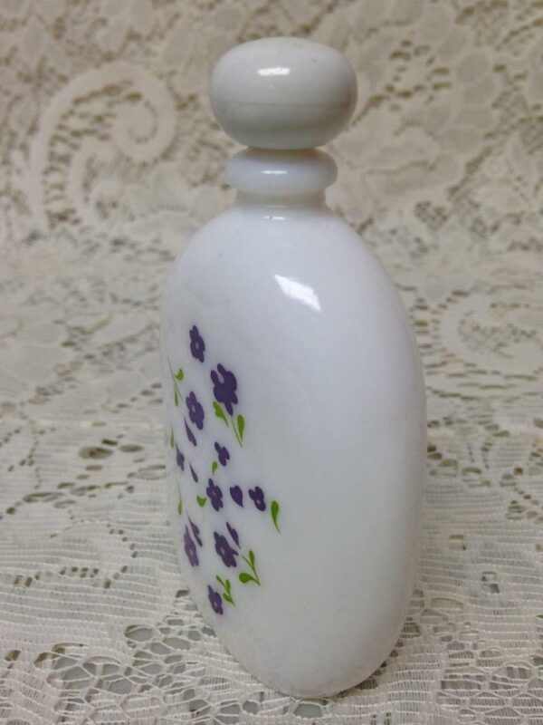 Vintage, Milk Glass, 4in H x 2 1/3in W Perfume Bottle with Painted Violets