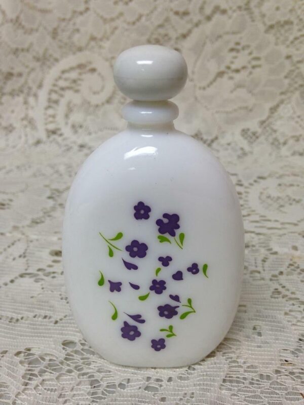 Vintage, Milk Glass, 4in H x 2 1/3in W Perfume Bottle with Painted Violets