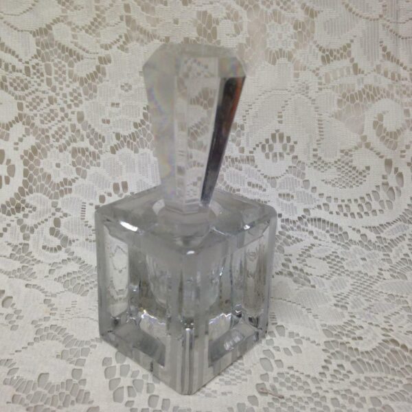 Art Deco, 5in T, Heavy, Faceted, Square Shape, Clear Glass Perfume Bottle