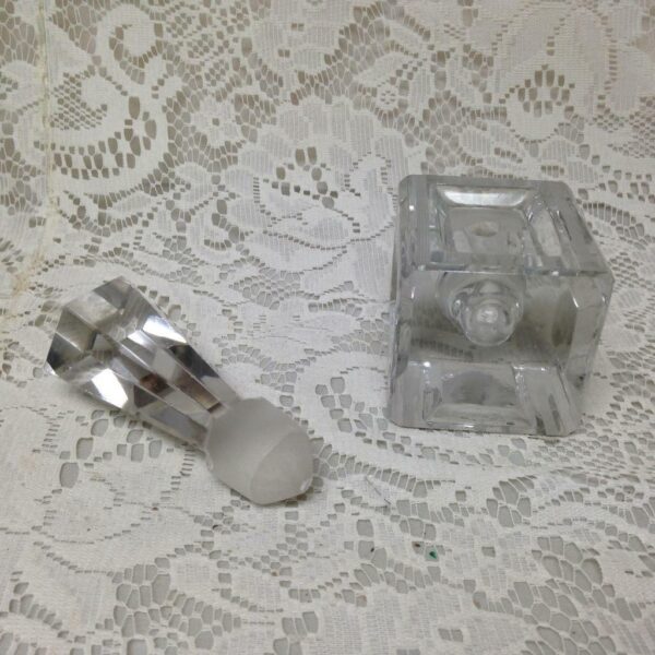 Art Deco, 5in T, Heavy, Faceted, Square Shape, Clear Glass Perfume Bottle