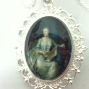 Glass Cabochon Cameo of Lady in Green Gown Brooch-Pendant w/ 925 Chain Necklace