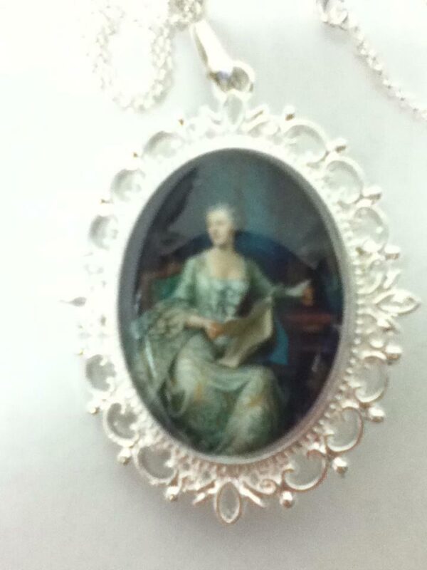 Glass Cabochon Cameo of Lady in Green Gown Brooch-Pendant w/ 925 Chain Necklace