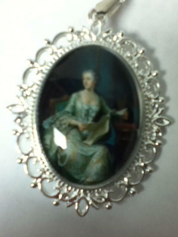 Glass Cabochon Cameo of Lady in Green Gown Brooch-Pendant w/ 925 Chain Necklace