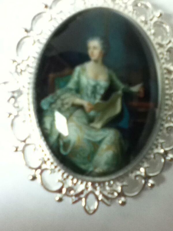 Glass Cabochon Cameo of Lady in Green Gown Brooch-Pendant w/ 925 Chain Necklace