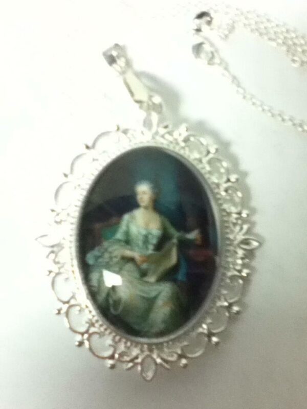 Glass Cabochon Cameo of Lady in Green Gown Brooch-Pendant w/ 925 Chain Necklace