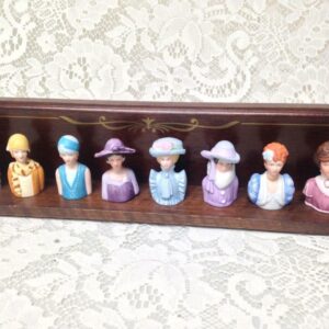 Vintage, Avon-1983, Elegant 8-pc Set Figural Lady Thimbles on Wooden Stand