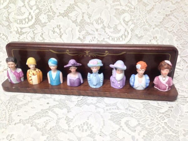 Vintage, Avon-1983, Elegant 8-pc Set Figural Lady Thimbles on Wooden Stand