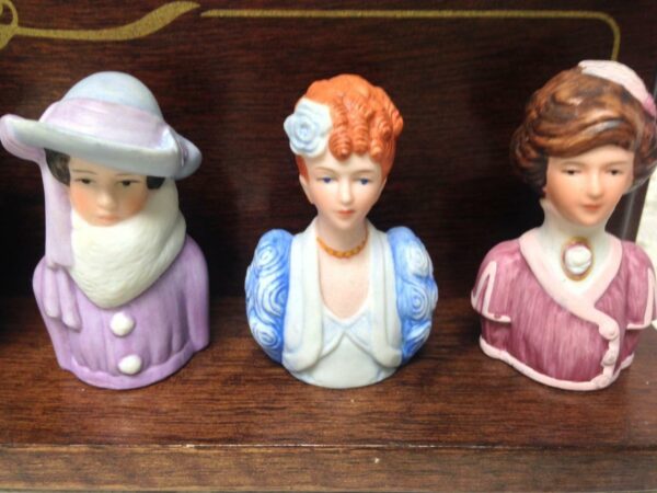 Vintage, Avon-1983, Elegant 8-pc Set Figural Lady Thimbles on Wooden Stand