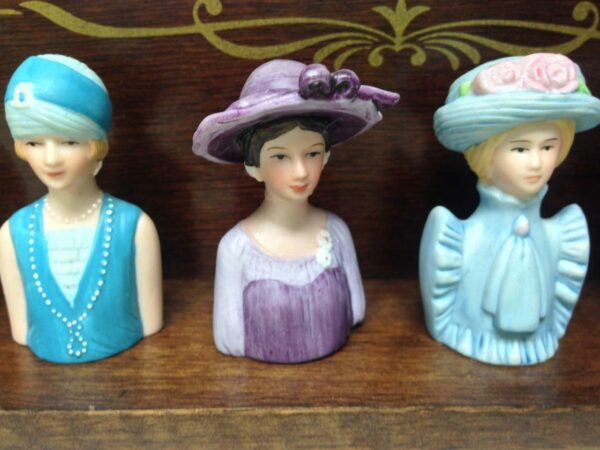 Vintage, Avon-1983, Elegant 8-pc Set Figural Lady Thimbles on Wooden Stand