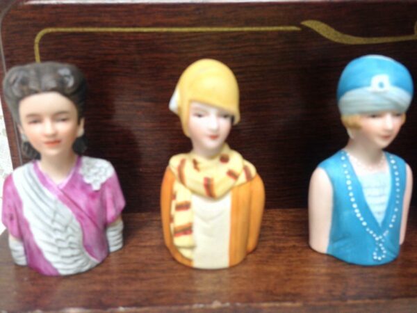 Vintage, Avon-1983, Elegant 8-pc Set Figural Lady Thimbles on Wooden Stand