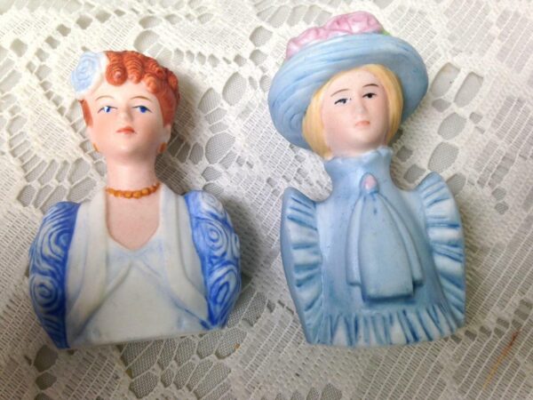 Vintage, Avon-1983, Elegant 8-pc Set Figural Lady Thimbles on Wooden Stand