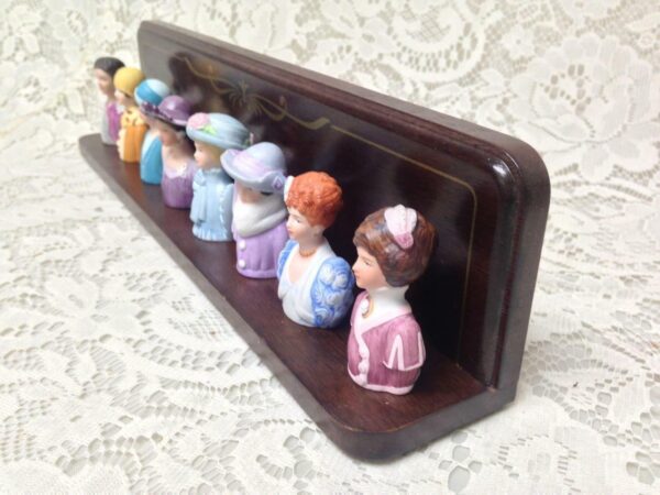 Vintage, Avon-1983, Elegant 8-pc Set Figural Lady Thimbles on Wooden Stand