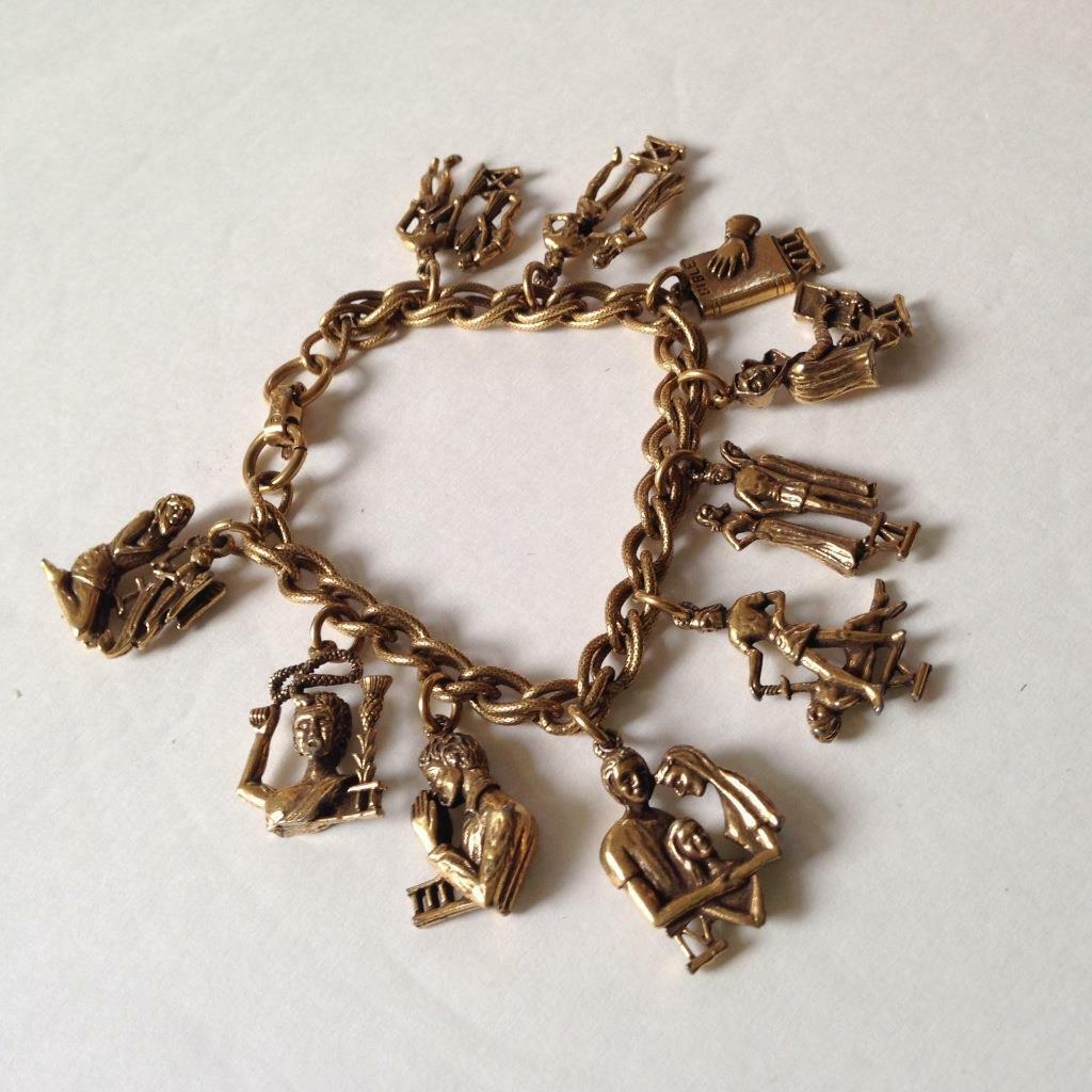 Vintage, Rare, Coro, Gold Plated, 10 Commandments Charm Bracelet, 7in L