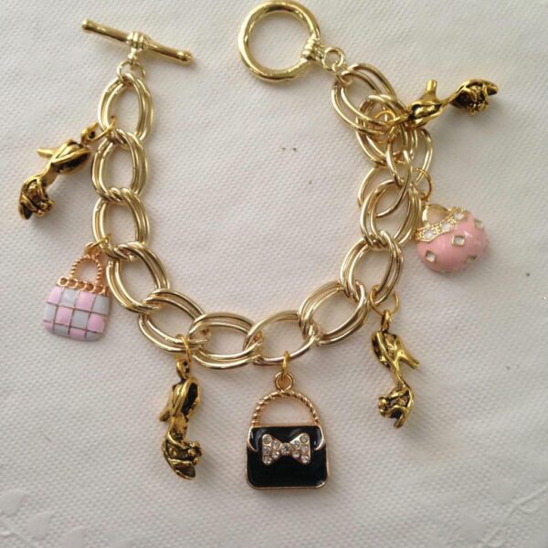 Gold Tone, Enamel Handbag Charm Bracelet