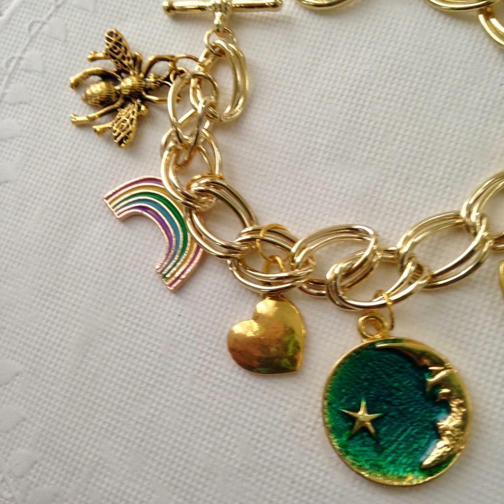 Gold Tone, Multi-color Enamel 7pc Charm Bracelet or Handbag Charm