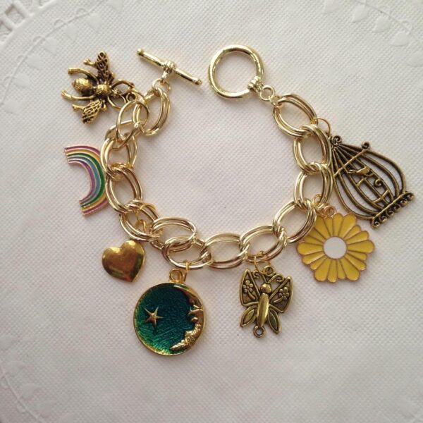 Gold Tone, Multi-color Enamel 7pc Charm Bracelet or Handbag Charm