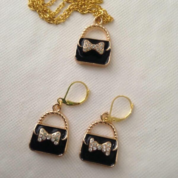 Black Enamel Purse Necklace and Earrings Set