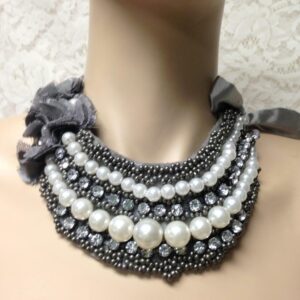 Elegant, Rhinestone, Black Seed Pearls, Gray Ribbon 40in Adjustable Tie Necklace