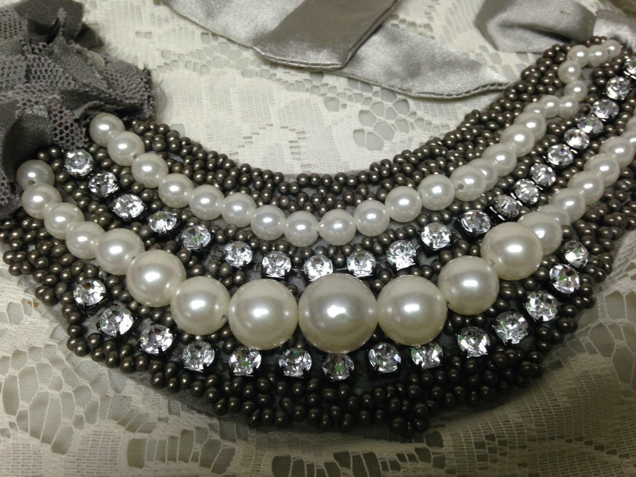 Elegant, Rhinestone, Black Seed Pearls, Gray Ribbon 40in Adjustable Tie Necklace