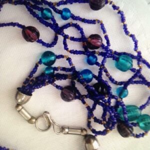 Vintage, Aqua, Purple, Yellow Glass Beads 5-Strands 22in Necklace