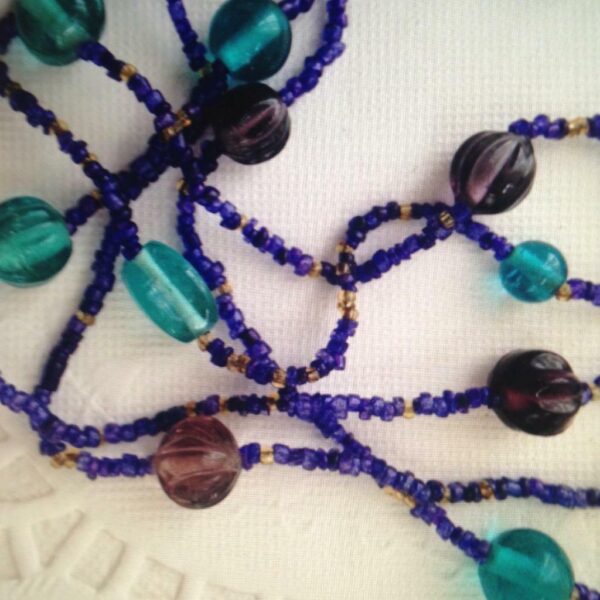 Vintage, Aqua, Purple, Yellow Glass Beads 5-Strands 22in Necklace